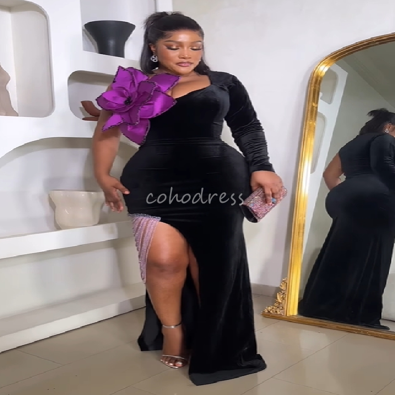 Delicate Aso Ebie Black Prom Dress With Slit Beaded Mermaid Plus Size African Evening Gown With Flower Birthday Party Bespoke Occasion Vestio De Noche