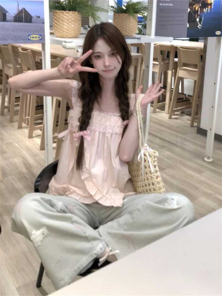 Sweet Cute Bow Tanks Womens Lace Patchwork Sling Vest 2025 Womens Clothing Irregular Ruffles Summer Camis Fashion Pink Pleated Tops M250513