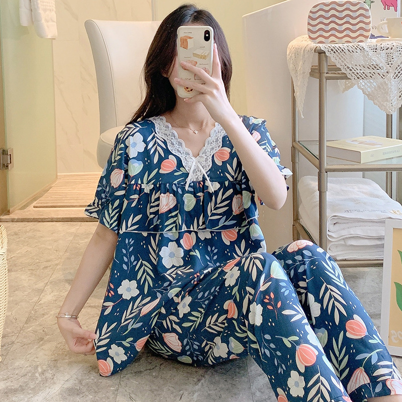 B874-Cotton silk pajamas women summer thin short-sleeved trousers loose artificial cotton suit large size outer wear home clothes