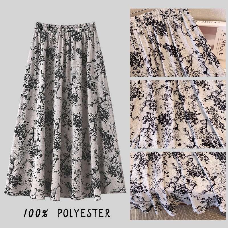 Plus size women's summer casual Polyester fabric loose comfortable retro Chinese print simple design A-line skirt