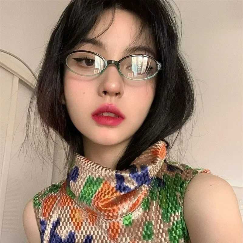 2025 Trendy Y2K Retro Oval Square Blue Green Small Frame Glasses Frame Women Anti Blue Light Glasses Vintage Eyeglasses Goggles W250513