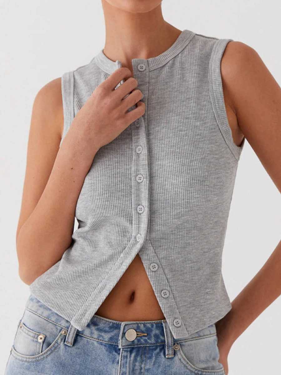 Vintage Ribbed Women Button Tank Tops Casual Summer Solid Color Sleeveless Crop Tops Basic Vest Y2K Aesthetic Clothes Streetwear M250513