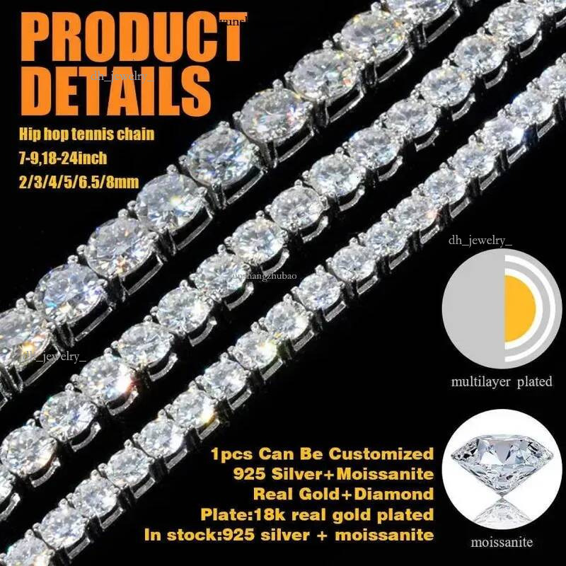 4mm Width Dia Mossanite Chain Mens Iced Out Gold Chains Necklaces Hip Hop Jewelry Moissanite Tennis Necklace