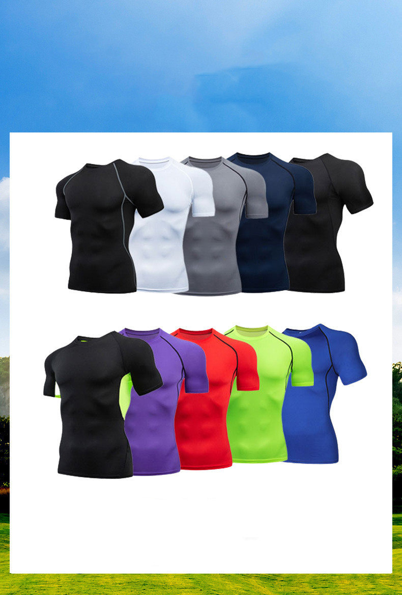 Summer men's t-shirt sports fitness suit, close-fitting short-sleeved high-elastic breathable quick-drying ice silk running base suit.