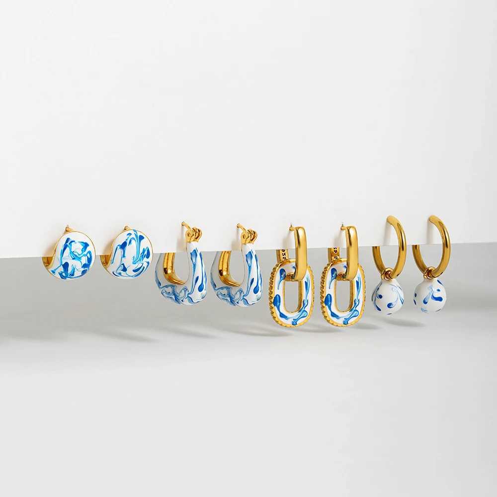 Vintage White Blue Flower Enamel Beads Hoop Earrings for Women Gold Plated Stainless Steel Huggies Earring Creative Jewelry Gift Y250510