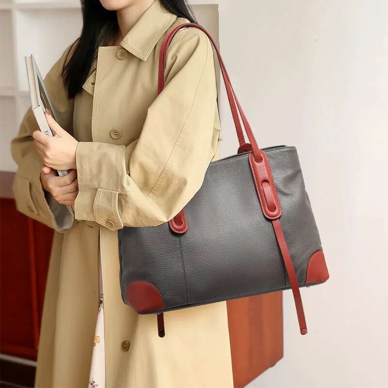 Aidrani Minimalist color blocking women's large capacity underarm shoulder bag, soft cowhide material, gray