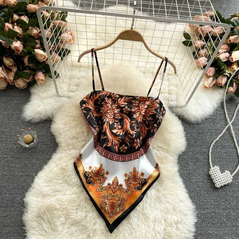 Womens Sexy Backless asymmetrical lace-up Camis Print Tank Top Chic One-piece Corset Bustier Summer Beach vacation Crop Top M250513