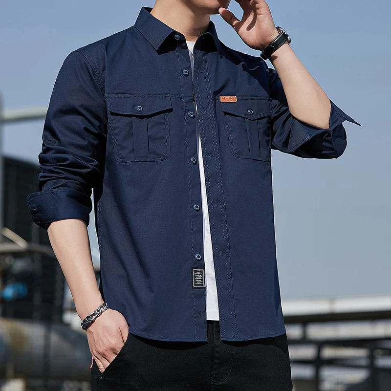 100 pure cotton mens long sleeved 2pocket shirt outdoor casual highquality clothing 250506Z