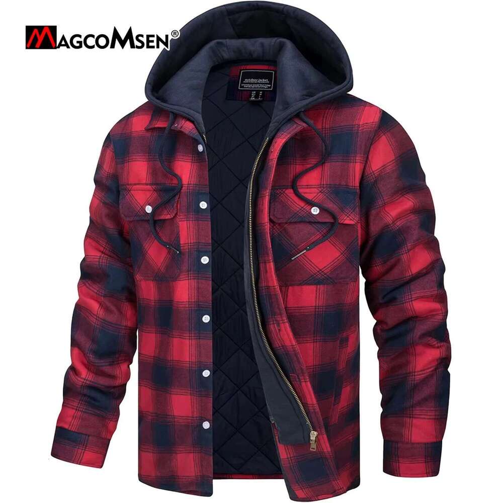 MAGCOMSEN Men's Flannel with Removable Hood 5 Pockets Plaid Quilted Lined Winter Coats Thick Hoodie Outwear Fleece Jacket