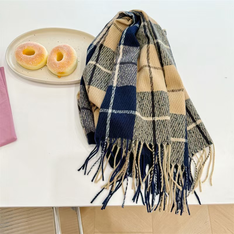 T694 Japanese and Korean retro plaid scarf spring and autumn long tassel double-sided cashmere warm scarf winter men and women