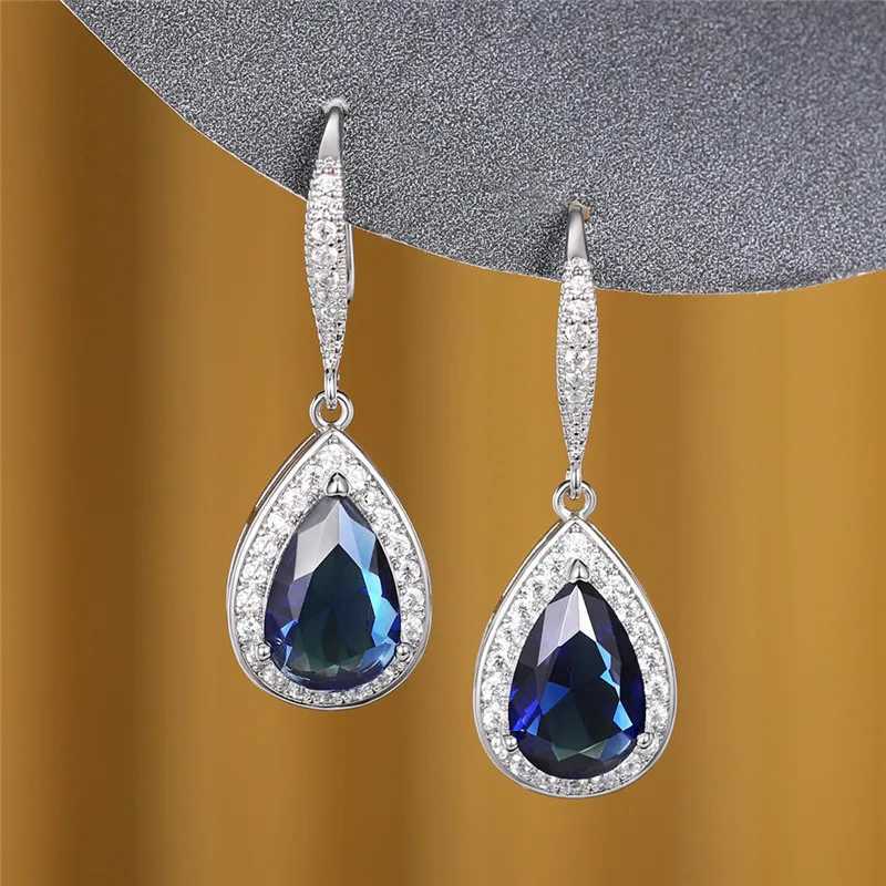925 Silver Water Drop Blue Cubic Zirconia Dangle Earrings for Women Sparkling Engagement Wedding Female Earrings Hot Jewelry Y250510