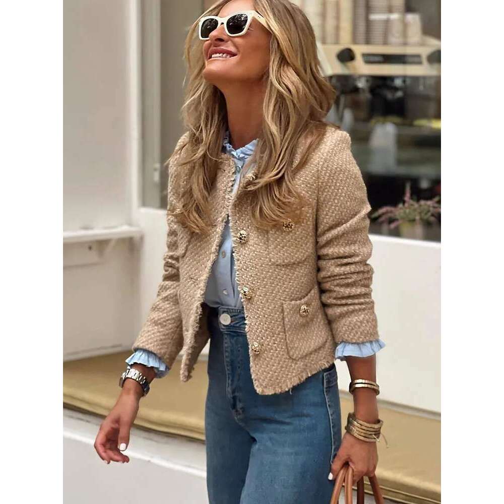 TRAF Women's Coat Tweed Cropped Jacket New In Outerwears Autumn Winter Crop Jacket Woman Long Sleeve Elegant Short Coats