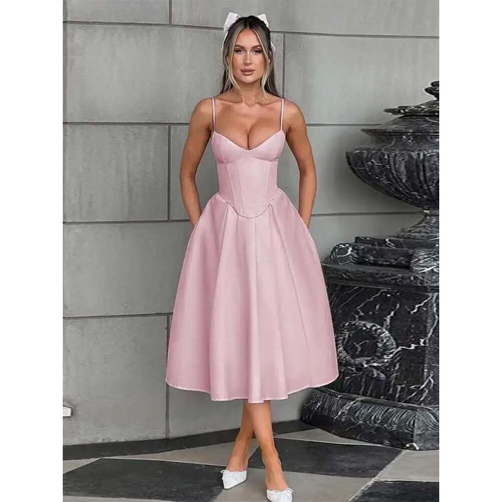 Townlike Elegant Midi Long Waist Wrap A-line Women Spaghetti Strap 2025 Spring Summer Dress Nightclub Sexy Party Dresses
