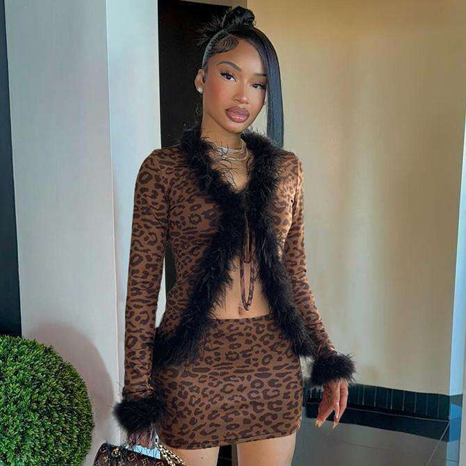 Fashionable And Sexy New Product, Fur Patchwork Lace Up Cardigan, Long Sleeved Top, Leopard Print Skirt Set, Two-Piece Set B5
