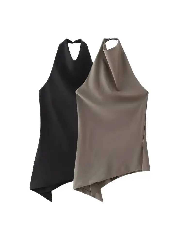 TRZA-Womens Flowing Asymmetric Tank Tops Halter Neck Backless Sleeveless Female Camis Fashion M250513
