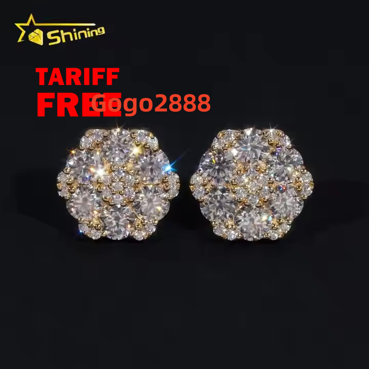 Fine Jewelry Big Luxury Cluster Flower Hip Hop 925 Sterling Silver Moissanite Stud Earrings