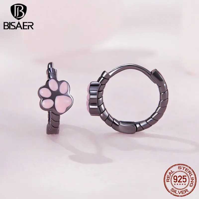 BISAER 100% 925 Sterling Silver Cute Cat Claw Hoop Earrings Black Pink Pet Animal Stud Earring For Women Party Fine Jewelry Gift Y250510