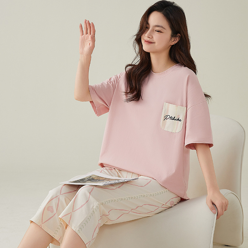 B875-Pure cotton pajamas women's summer new short-sleeved cropped pants suit casual fashion loose home clothes can be worn outside