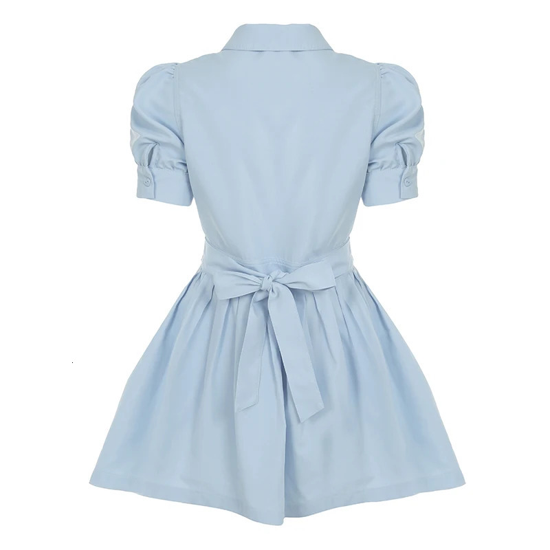 Fashion Solid Ruched Button ALine Pleated Women Dresses Puff Sleeve Slim Fit n Summer Sweet Frocks 250513