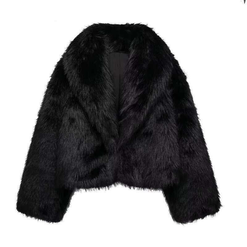 TRAF Faux for Women Autumn Winter Plush Black Wool & Blends Coats Outerwears Long Sleeve Warm Fur Coat