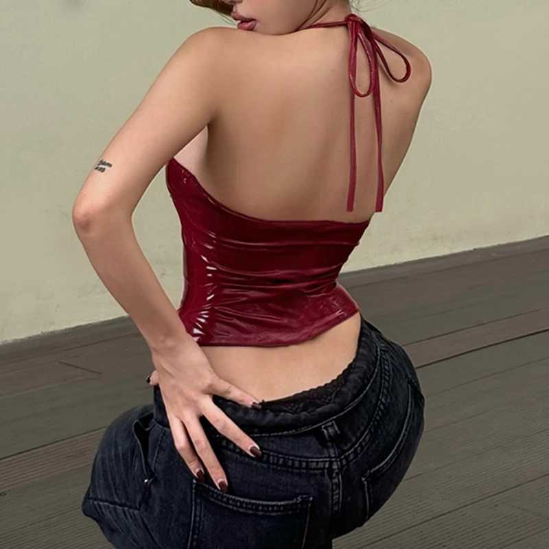 CIBBAR y2k Red Leather Crop Top Streetwear V Neck Bandage Halter Camisole Vintage Club Party Women PU Mini Vest Punk Fashion Tee M250513