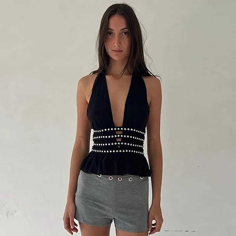 Womens Studded Halter Neck Tops Summer Deep V-Neck Backless Shirts Vest for Streetwear Aesthetic Grunge Clothes M250513