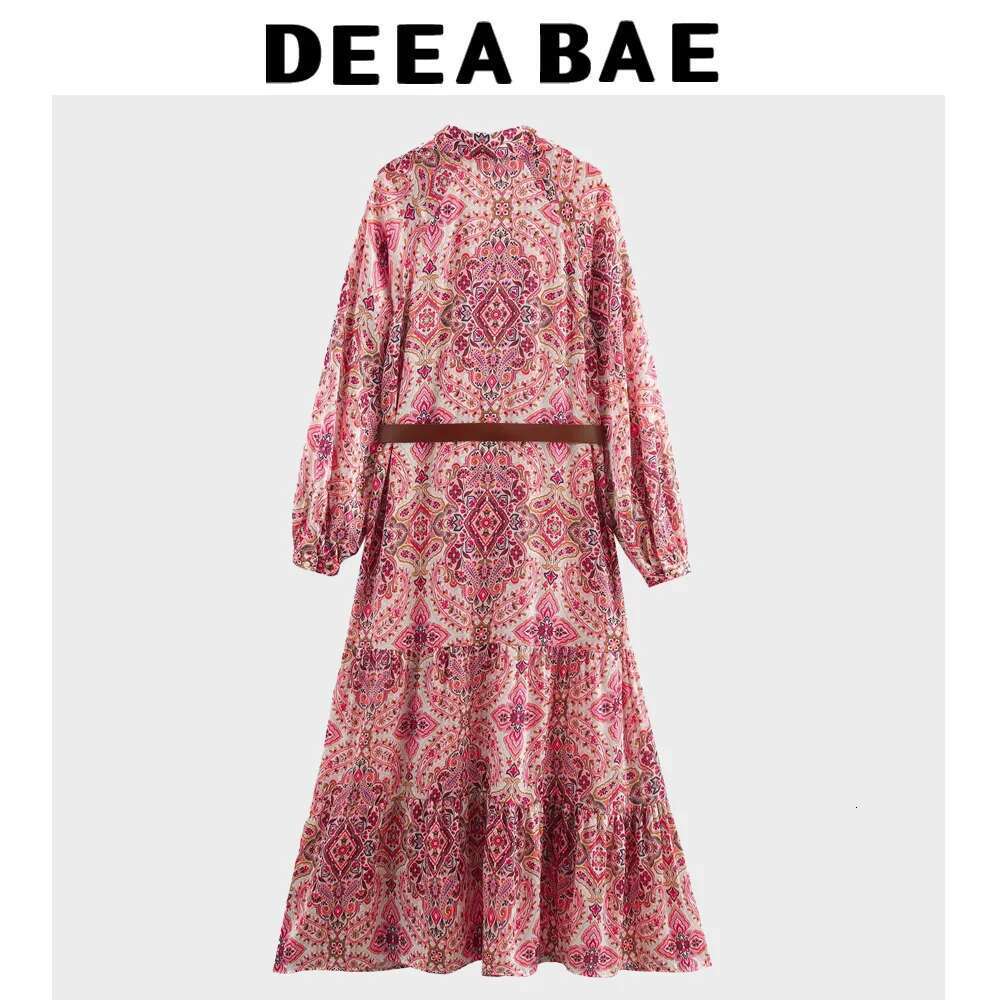 DEEABAE New Spring And Summer Design Niche High-end Retro Floral Long Sleeve With Belt Printed Midi Dress
