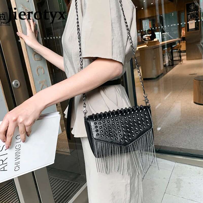 JIEROTYX Fashion Tassel Dias Brand Design Mini Chain Shoulder Bag Crossbody Black Leather Rivets Female Bolsa Sac A Main