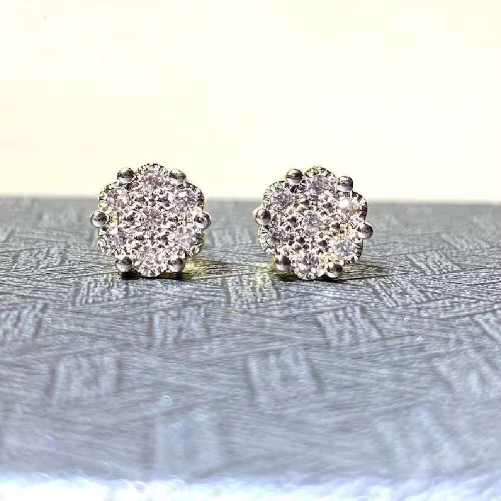 Hip Hop Earrings Mens Iced Out 14K Gold Plated Flower Earrings Screw Back Cluster Moissanite Earrings