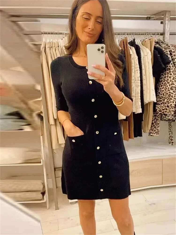 Pocket Knit Female Mini Autumn 2024 Ribbed High Waist Fashion Patchwork Elegant Party Knitwear Cardigan Dress