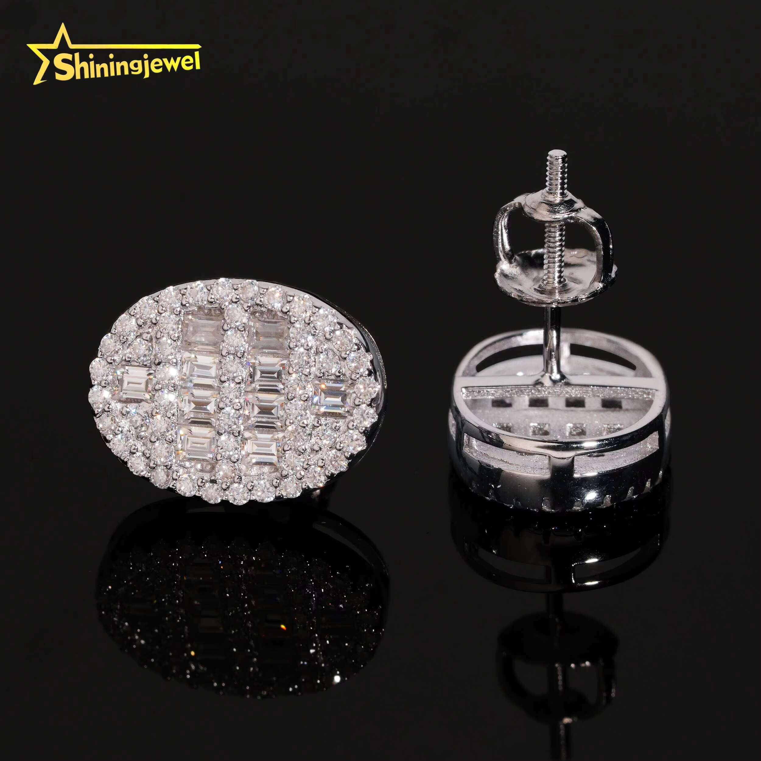 Baguette Cut Iced Out Moissanite Earrings 925 Sterling Silver Hip Hop Ear Rings with Diamonds for Men Women Oval Stud Earrings