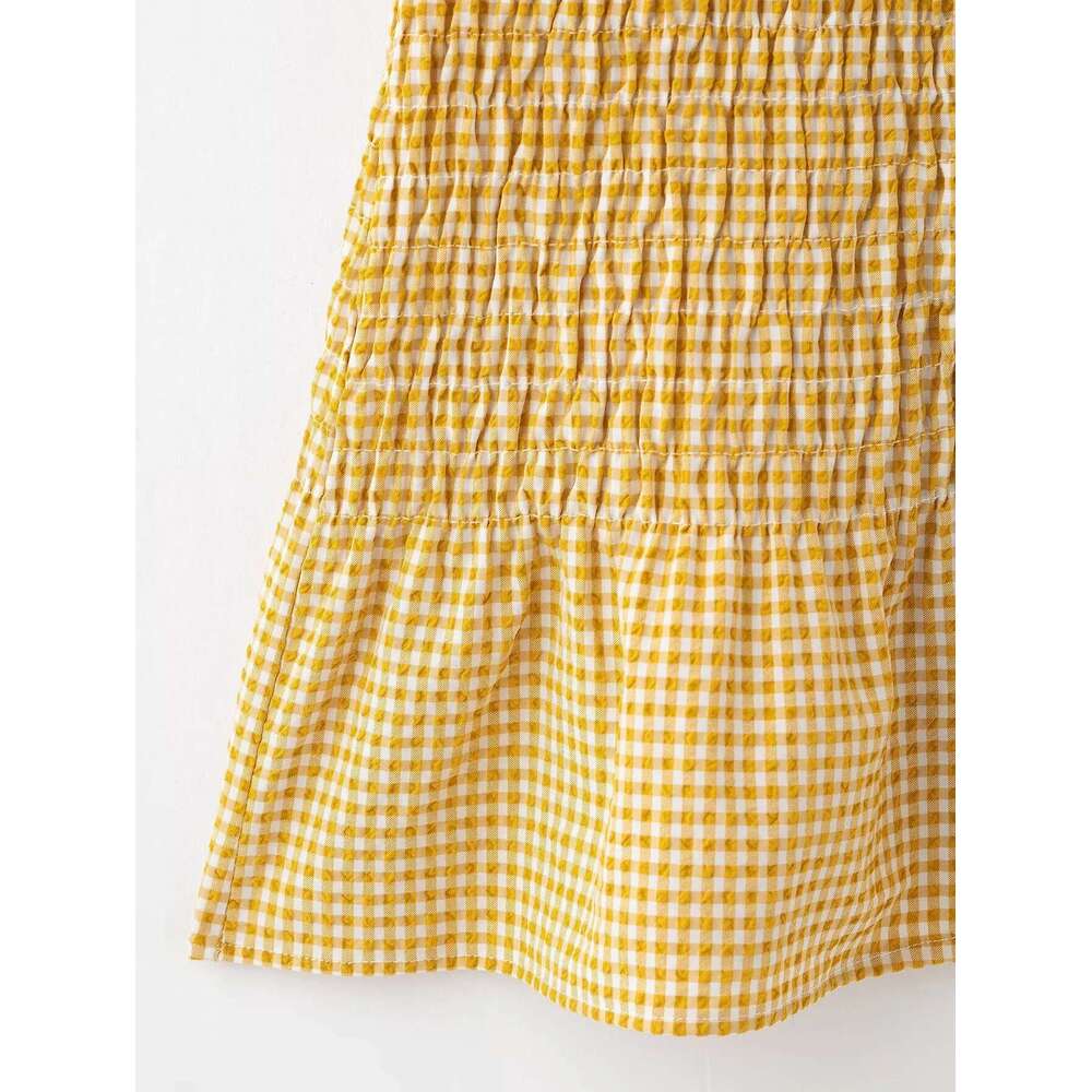 DEEABAE World Brands Dresses 2025 New Yellow French Ruffle Plaid Shirt Slim Pleated Decoration Short Dress