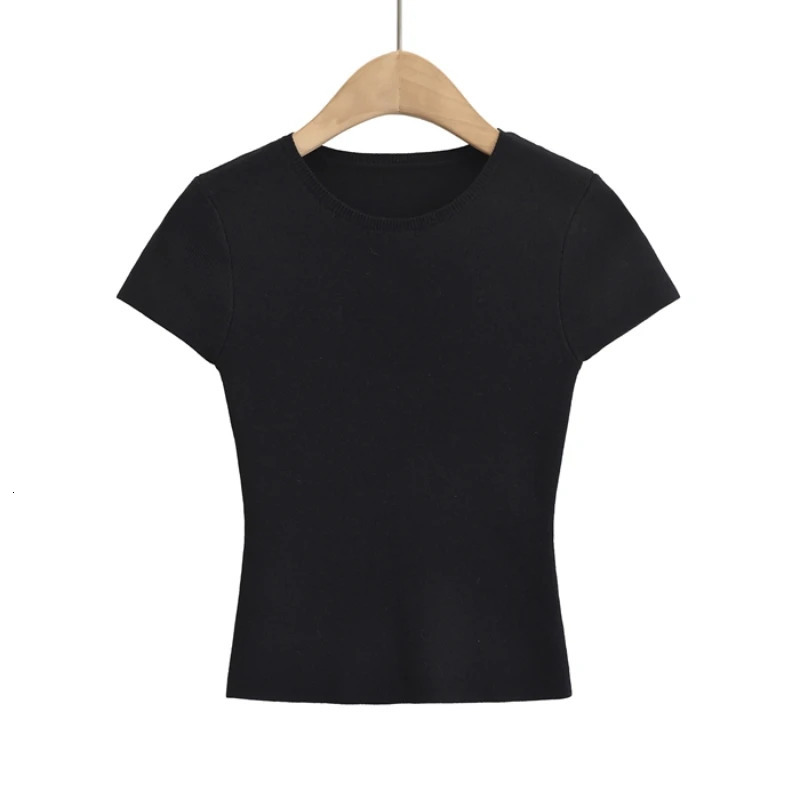 Womens Short Sleeve Crop Top Solid Slim Fit Crew Neck Tee Basic Skinny Knit Tight Athletic Casual Workout Yoga Tshirt 250513