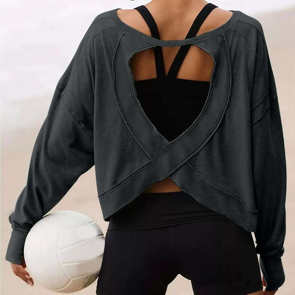 Loose Long-sleeved T-shirt Blouse Age-reducing Hollow Short Round Neck Women's Sports