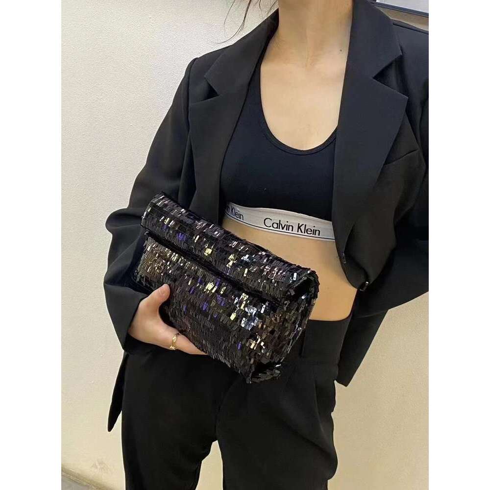 Women Sier Evening Clutch Bag Designer Shining Sequins Party Wedding Purse Fashion Trends Handbag Black Metal Wallet