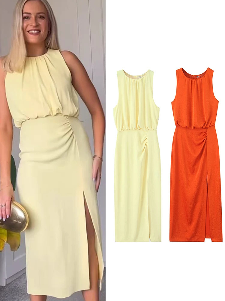 TFMLN Women Draped Long Dresses Summer Sleeveless Hem Slit Midi Female Vintage Casual Pleated Beach Dress 250513