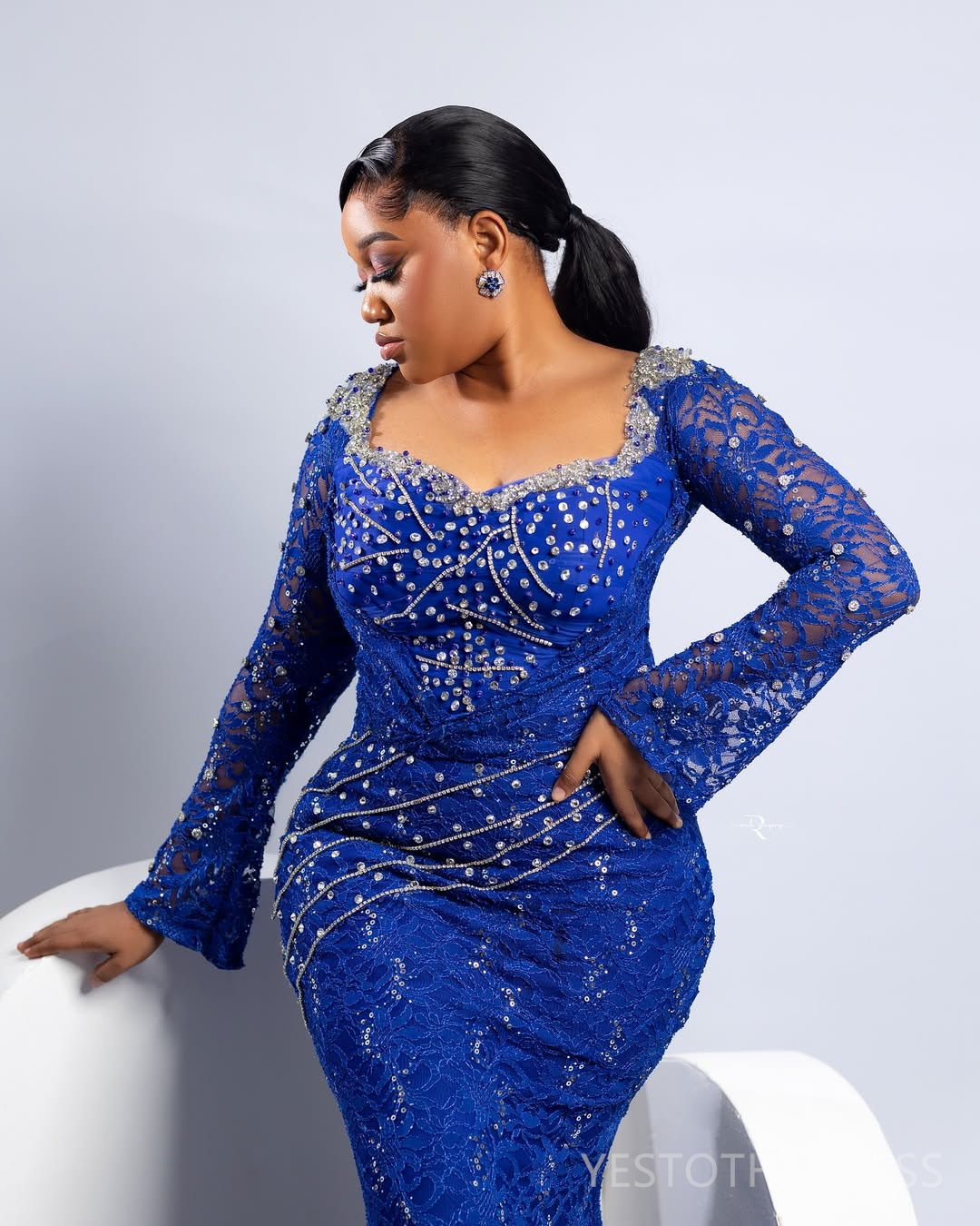 2025 Plus Size Royal Blue Aso Ebi Prom Dress Mermaid Prom Dresses Evening Formal Gowns Long Sleeves Bead Lace Rhinestone Birthday Dress Second Recepti