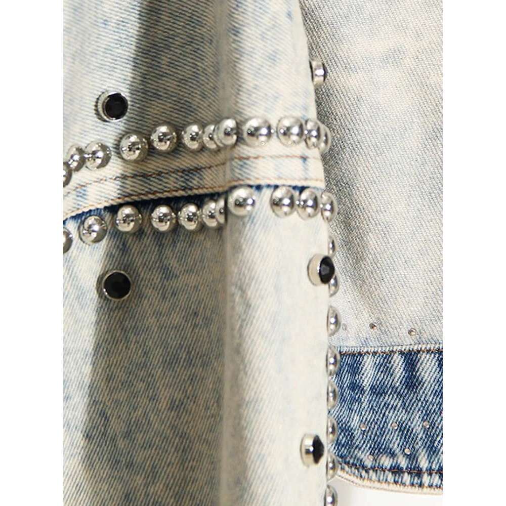 DEAT Casual Fashion Women's Denim Jackets New Solid Long Sleeve Turn-down Collar Patchwork Rivet Coat Female Summer 17A1756