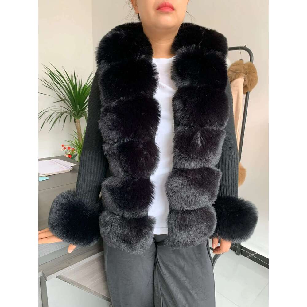 Women Faux Fur Knit Sweater cardigan Spring Autumn elegant Knitted sweater with faux fox collar Ladies Fashion Coat fur coat