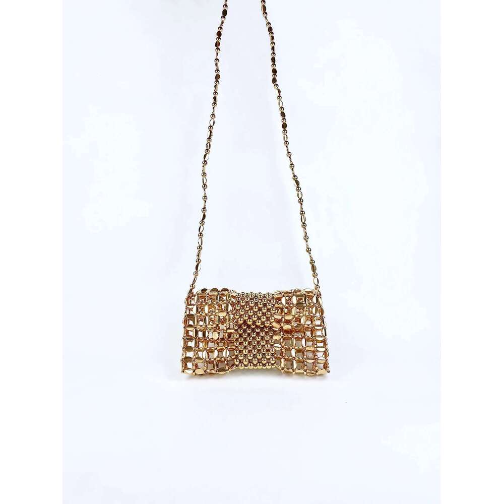 New niche design gold chain mobile phone zero wallet women's handmade beaded woven crossbody bag