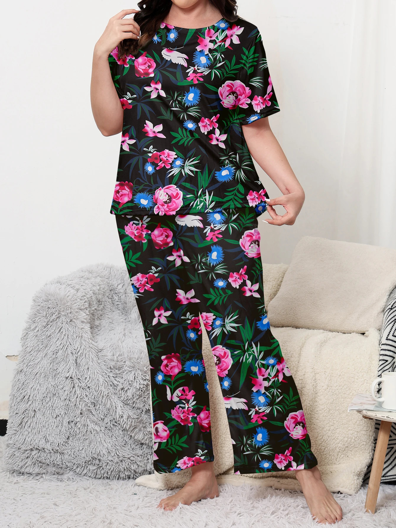 Plus size pajama clothing plus home set short sleeved long pants can be worn with milk silk mater 250506