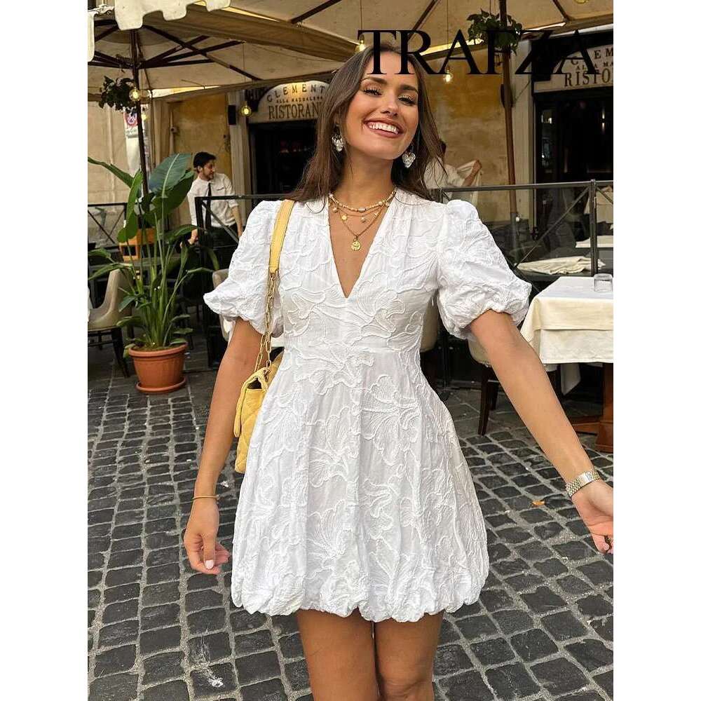 TRAFZA Elegant Women's Chic V-Neck Pleated Mini Summer Solid Color Embroidery Printed Short Sleeve Dress for Women
