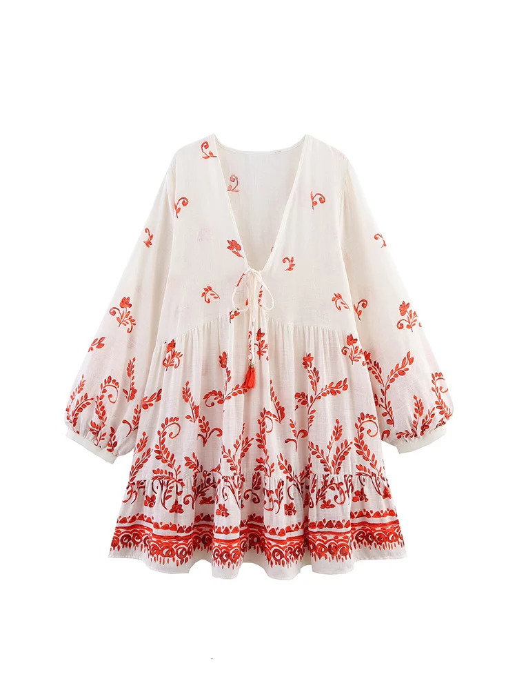 TFMLN Women Fresh V Neck Print Dress Chic Holiday Style Lantern Sleeve Vintage Loose Short Dresses Lace Up Tassels 250513