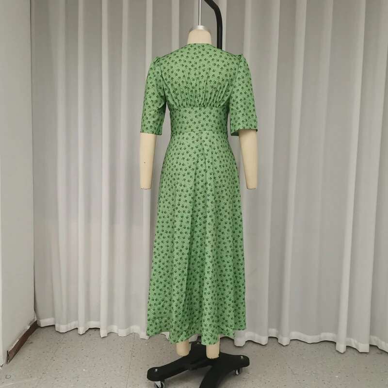 Ellafads Long Women Summer Elegant Short Sleeve Printed V Neck Nipped Waist Slit Casual Holiday Dresses Streetwear