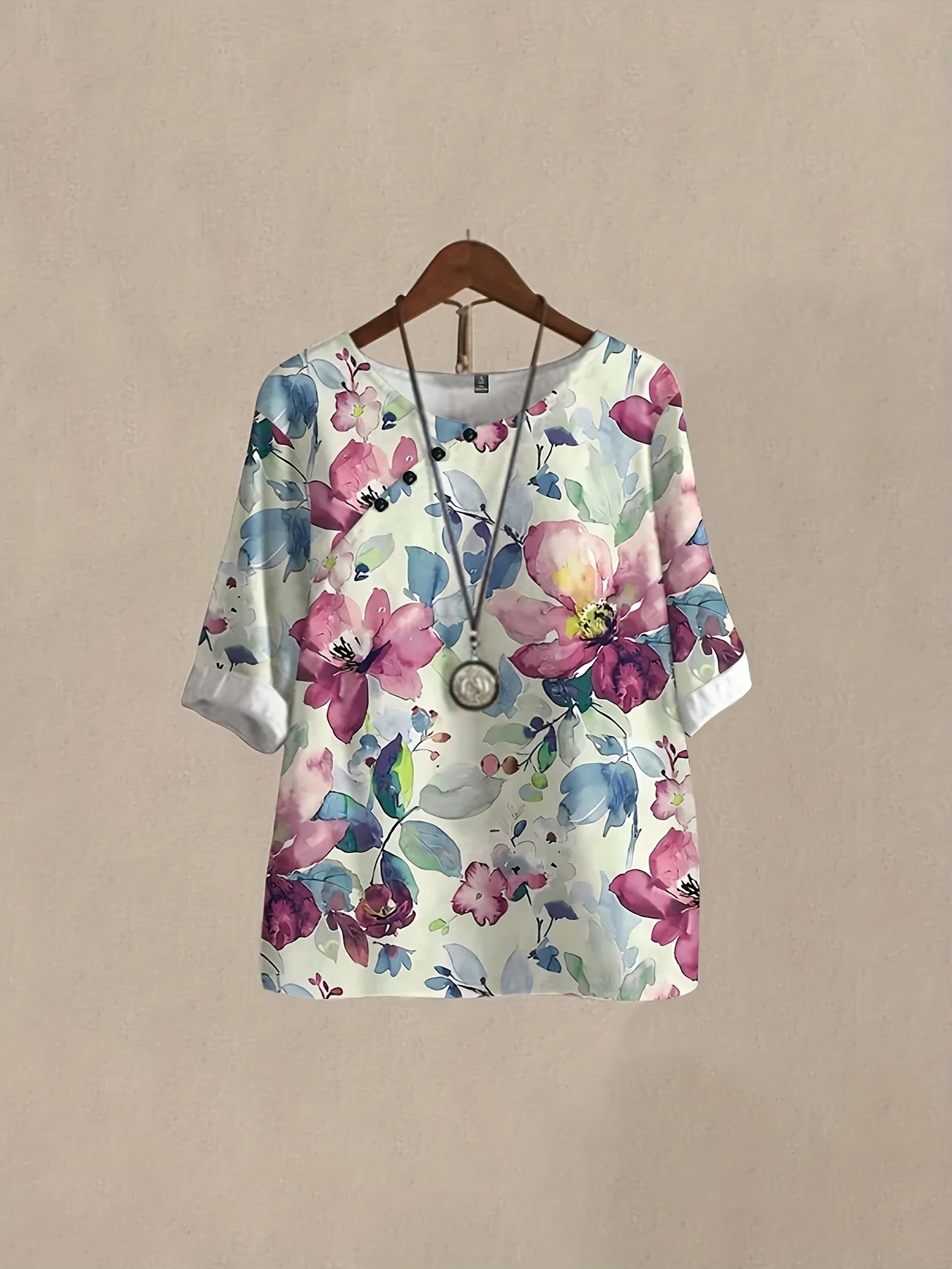 Plus size womens spring and summer Chinese fashion simple random floral print short sleeved top mens casual twopiece set 250427