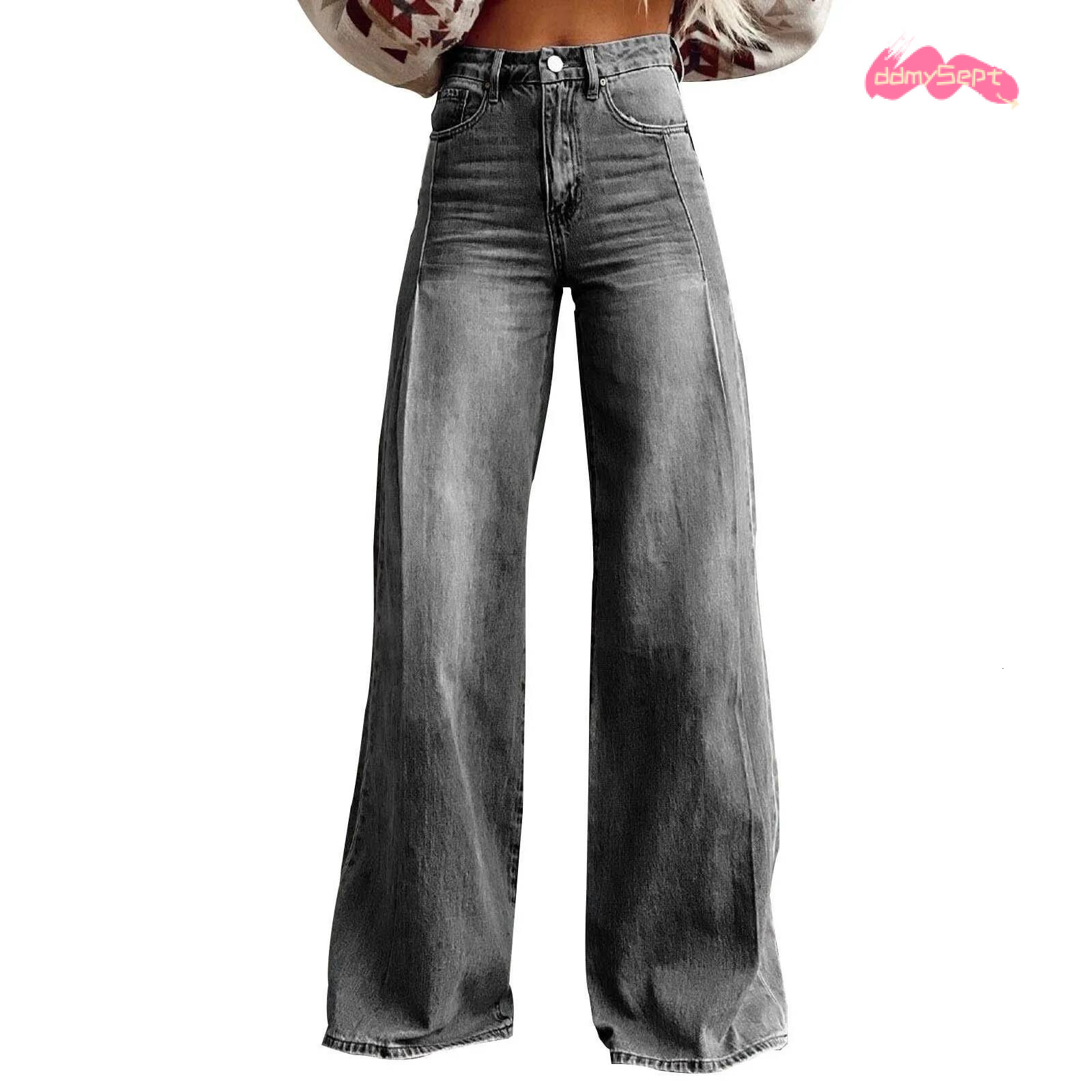 Vintage Women Irregular High Waist Slimming Wide Leg Mop Long Fashion Blue Baggy Jeans Streetwear Pants ddmysept