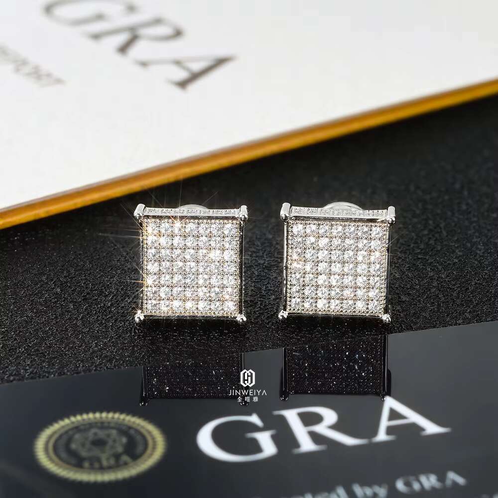 Personalized Hip Hop Men Women Screw Back Bling Cz Iced Out Diamond Moissanite Square Geometric Shape Silver Studs Earrings