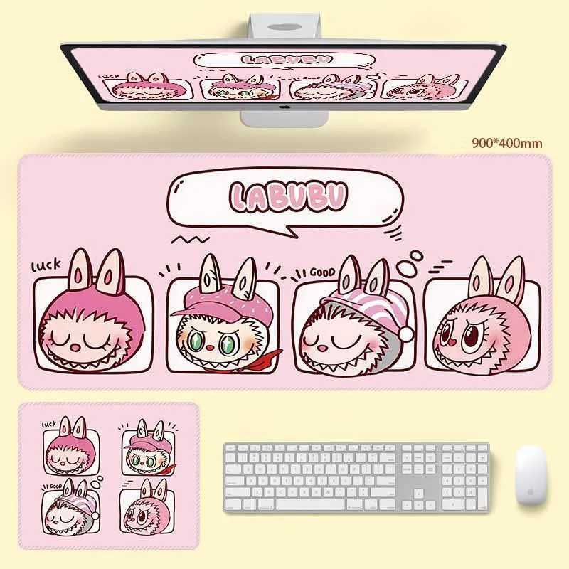 Happy LABUBU Large Leather Mousepad With Edge Desk Mat Off Game Cputer Keyboard Pad Waterproof With Rubber Base Y250513