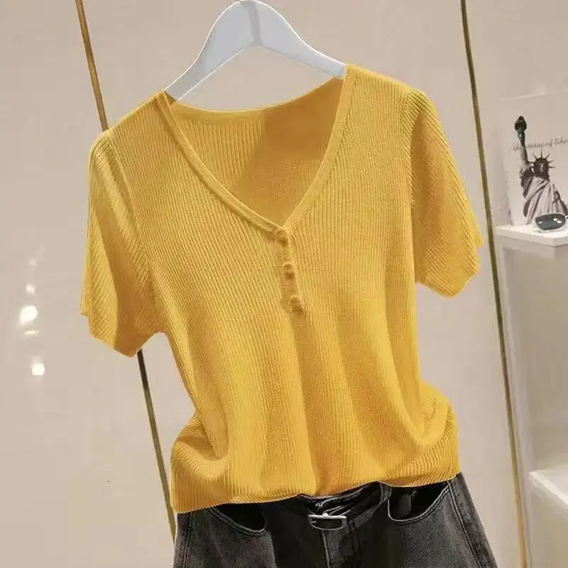 V Neck Long Sleeve Ribbed Knit T Shirt Women Spring Summer Casual Top Streetwear Y2K Basic Tops Tees 250513