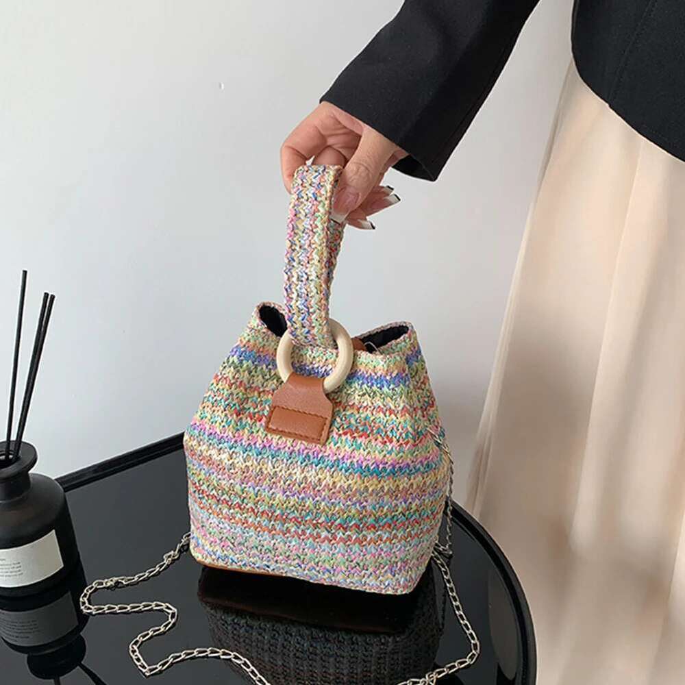 Colorful Straw Fashion Hand-Woven Mini Bucket Women Chain Sling Purses Female Crossbody Summer Tote Hobo Bag